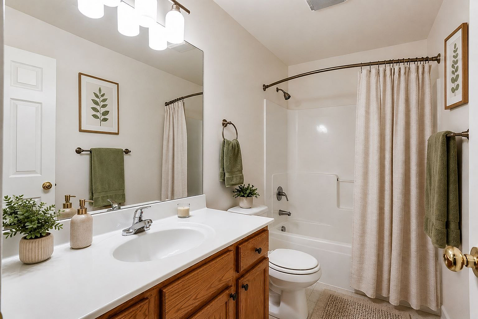 Elegant bathroom featuring a modern vanity with sleek fixtures, cozy shower with soft curtain, and tasteful plant decor accents.