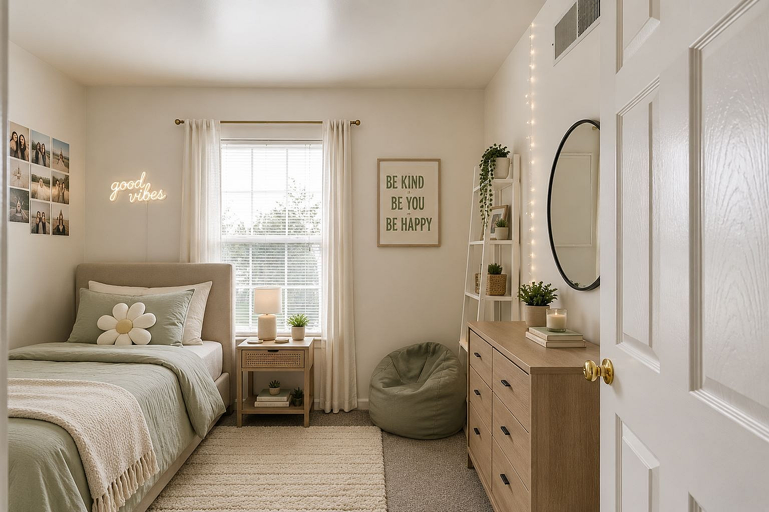 Charming and cozy bedroom with soft lighting, featuring a single bed, wooden dresser, and playful decor creating good vibes.