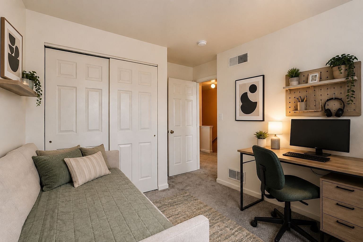 Cozy home office featuring a comfortable sofa, modern desk setup, and stylish decor, creating a perfect workspace.