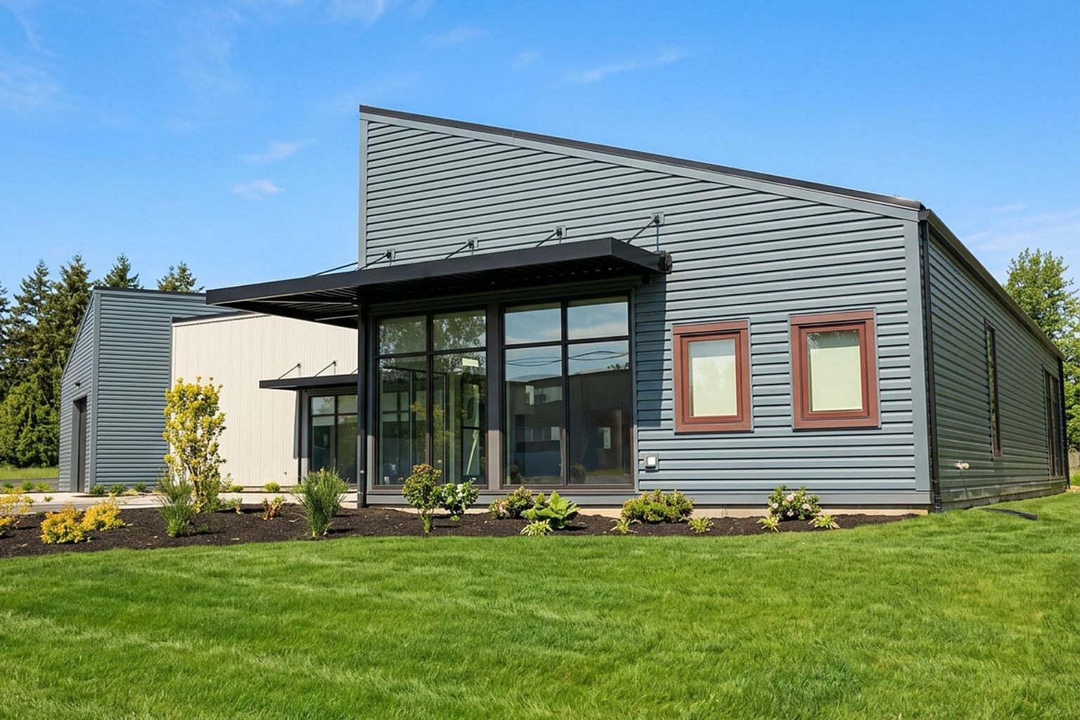 Contemporary single-story home with sleek gray siding, large windows, and lush green landscaping, set against a clear blue sky.