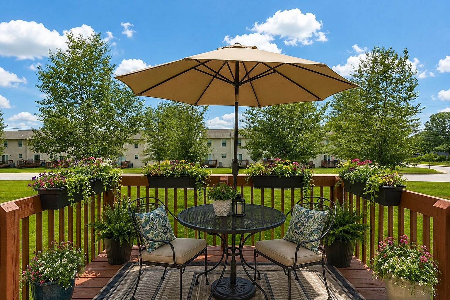 Charming outdoor patio with a cozy seating arrangement under a large umbrella, surrounded by vibrant potted plants and lush greenery.