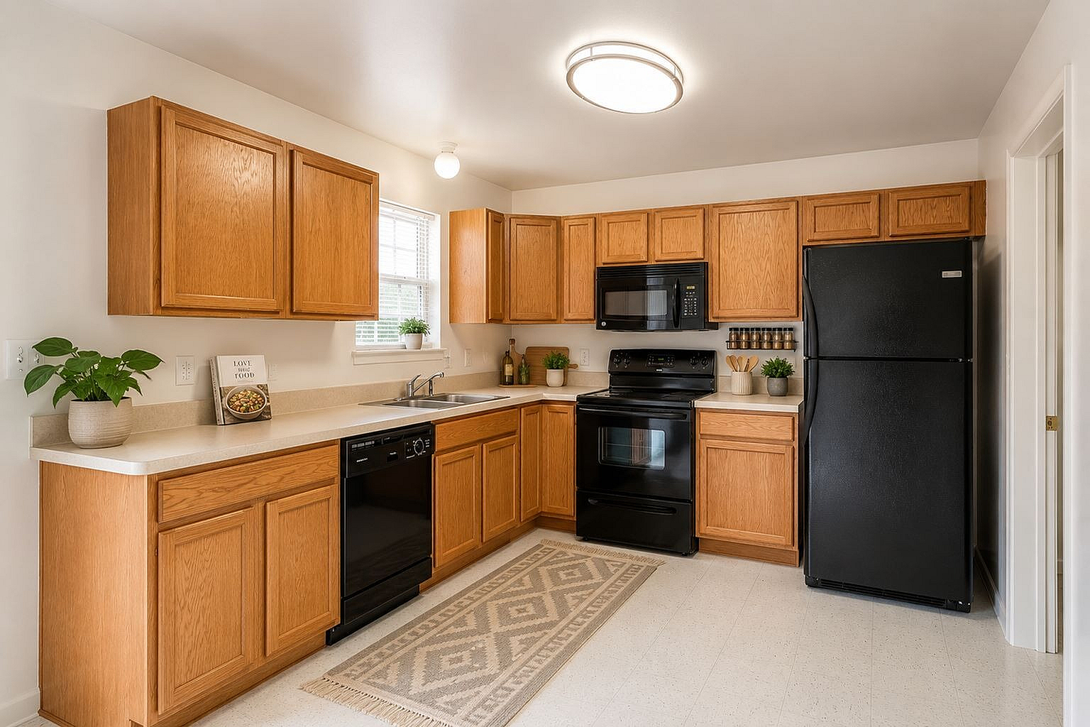Contemporary kitchen with warm wood cabinets, sleek black appliances, and elegant decor in a bright, cozy space.