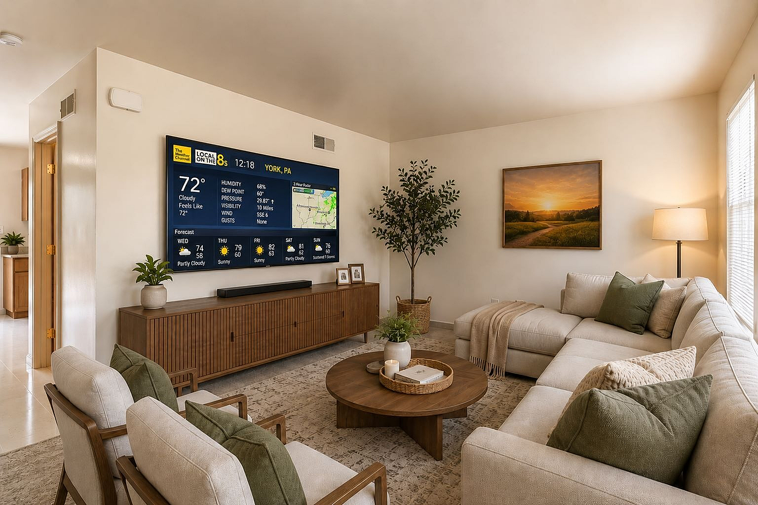 Inviting living room with plush sectional sofa, stylish wooden furniture, and large mounted TV, illuminated by natural light and warm floor lamp.