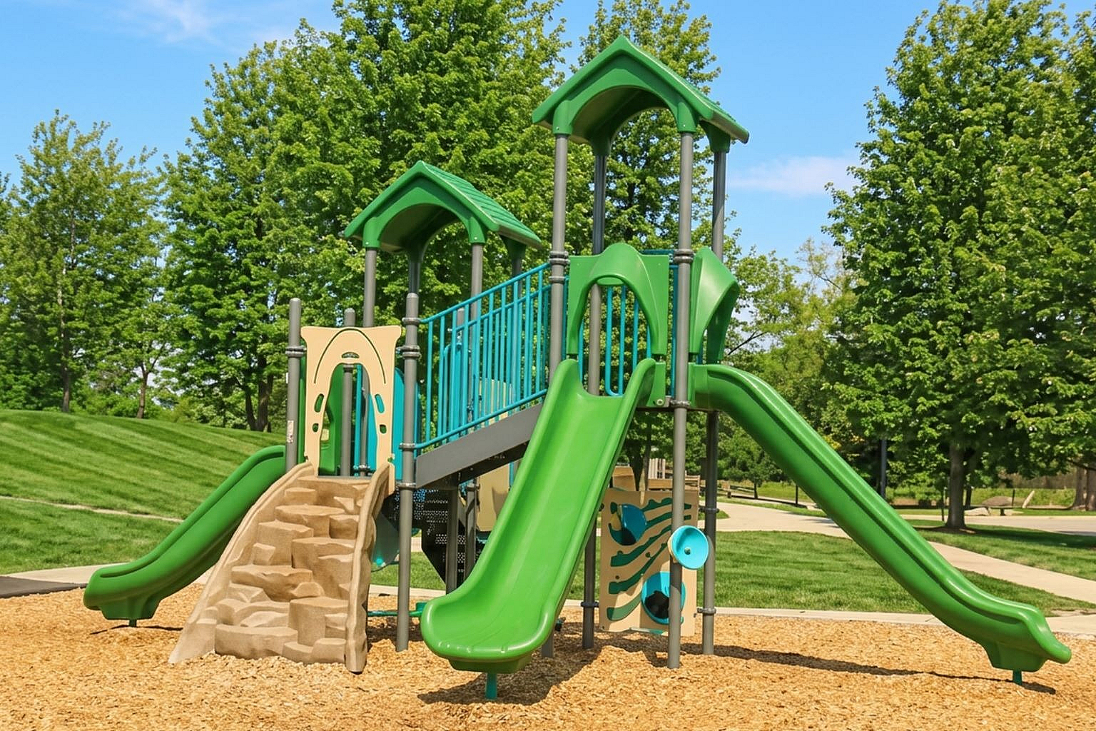 Vibrant playground with bright green slides, climbing structures, and lush trees in the background, perfect for family fun in the sun.