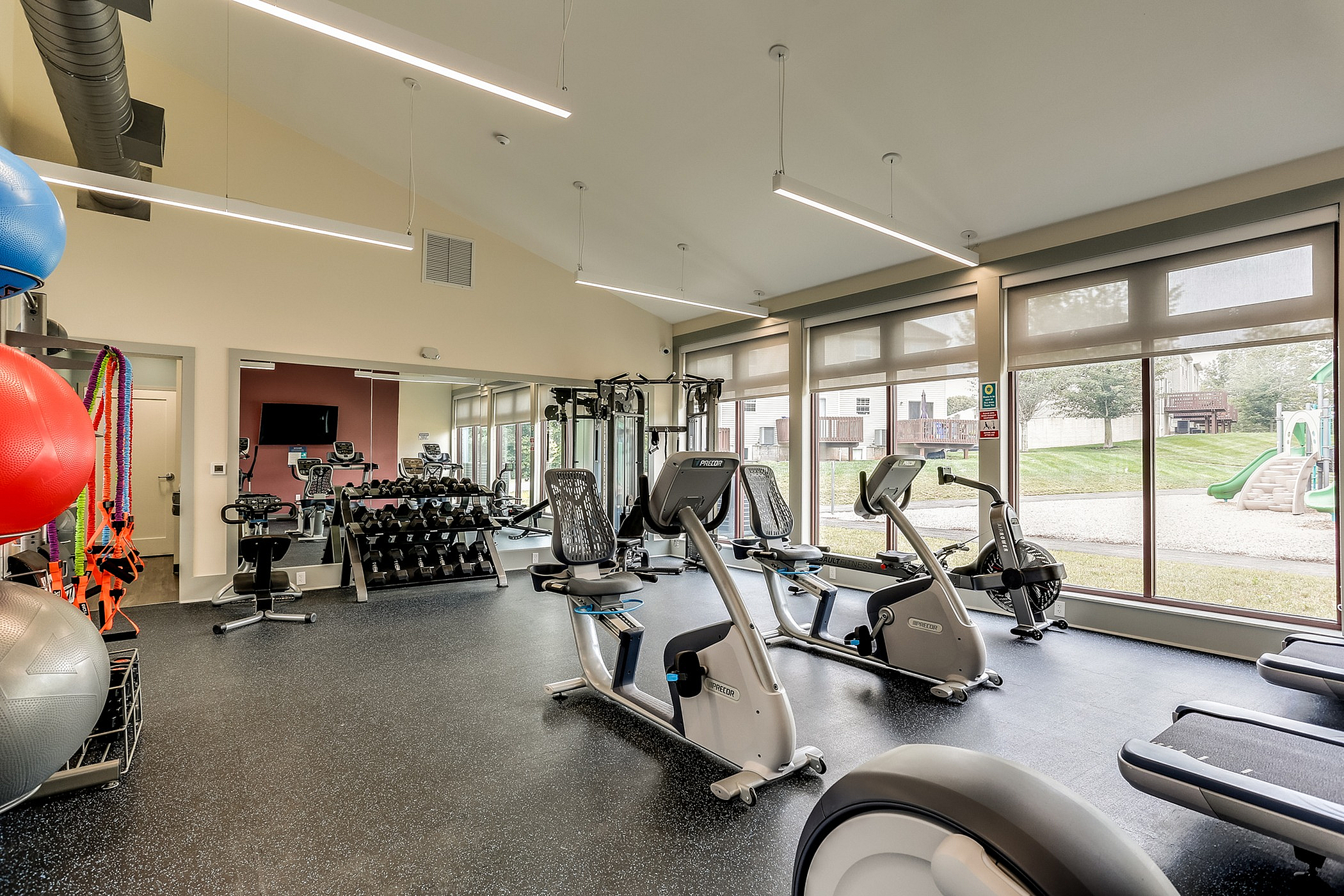 Bright and modern fitness center equipped with cardio machines, weights, and exercise balls, featuring floor-to-ceiling windows with a scenic outdoor view.