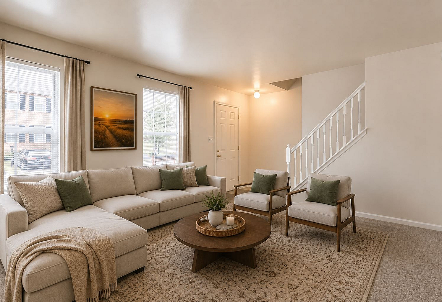 Inviting living room with cozy neutral-toned sofa, modern armchairs, and elegant decor under soft natural light.