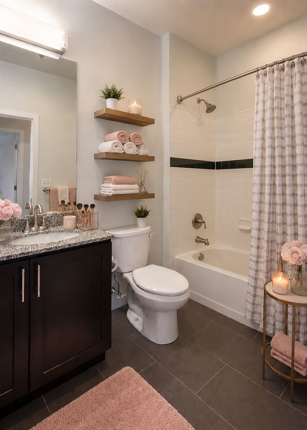 Elegant bathroom featuring a modern vanity with granite countertop, cozy lighting, and organized shelving with fresh towels and decor.