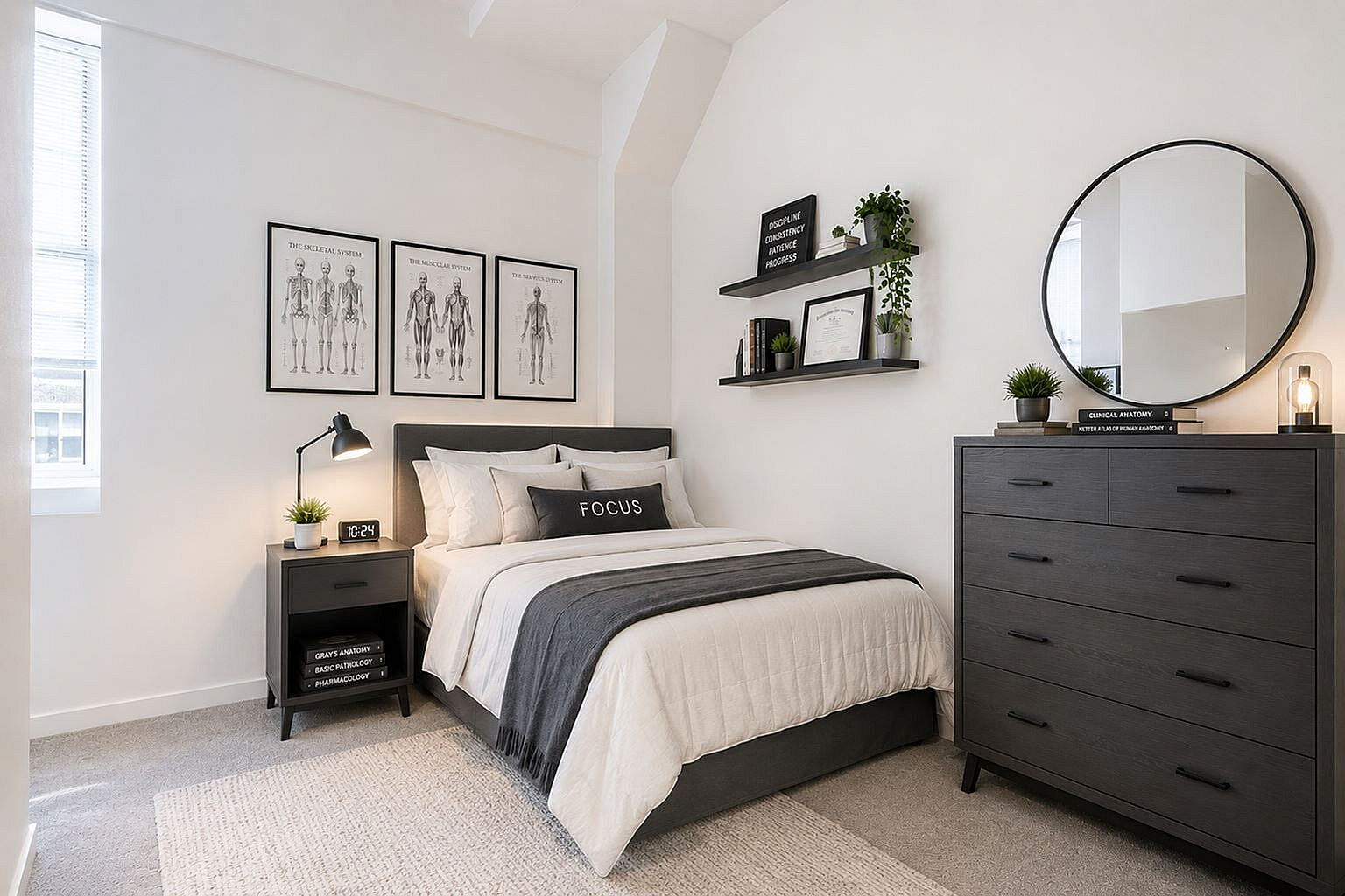 Elegant bedroom with modern decor, featuring a cozy bed, stylish artwork, and a sleek dresser with a round mirror.