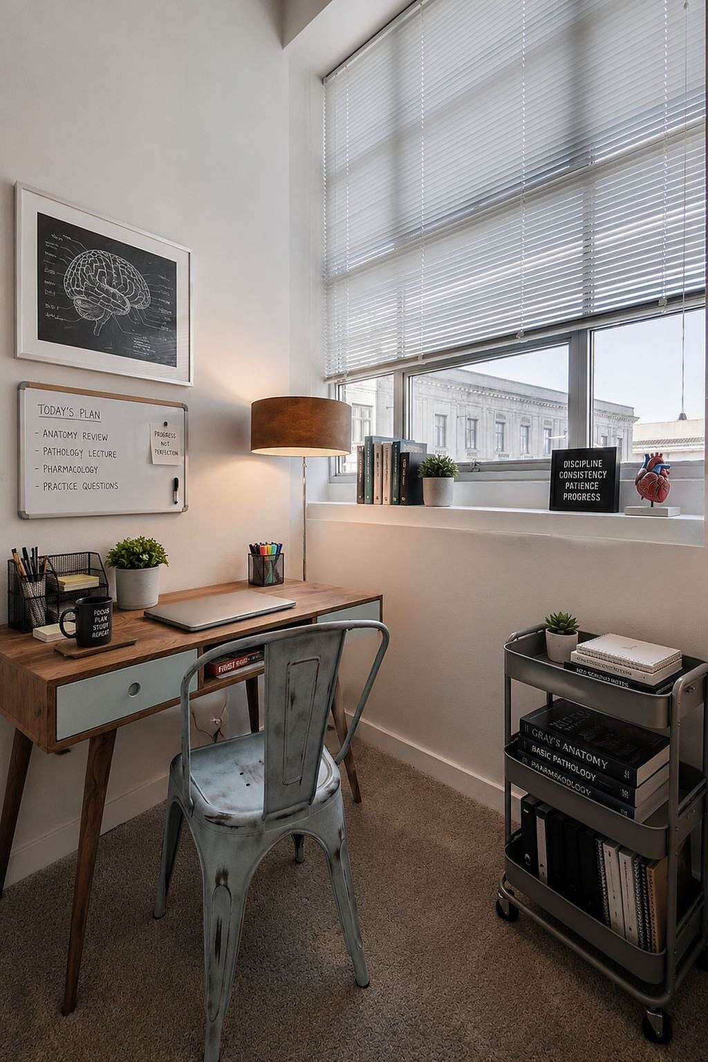 Bright and inspiring study nook with a sleek wooden desk, modern metal chair, and organized bookshelf. Perfect for focused work sessions.