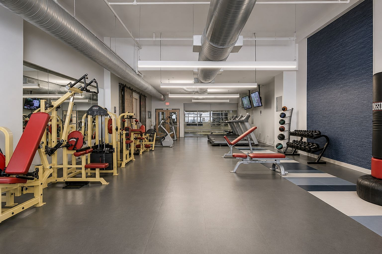 Modern fitness center equipped with state-of-the-art exercise machines and a free weights area, promising a vibrant workout environment.