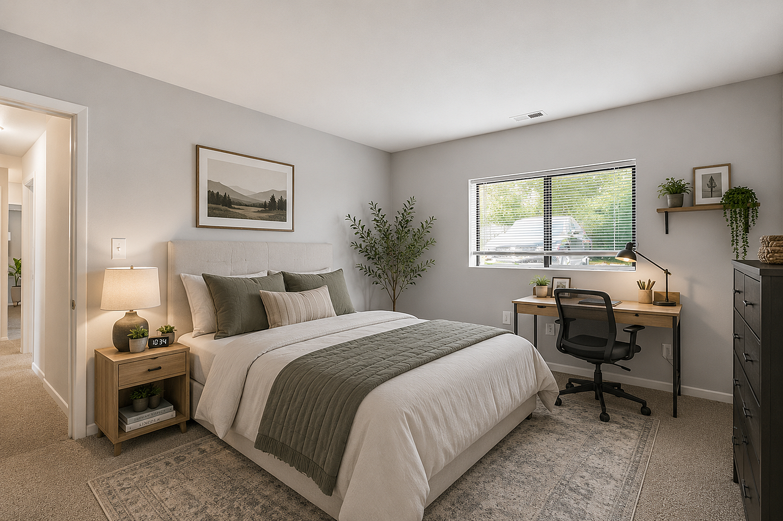 Inviting bedroom with elegant decor, plush bedding, and a functional workspace by a bright window.