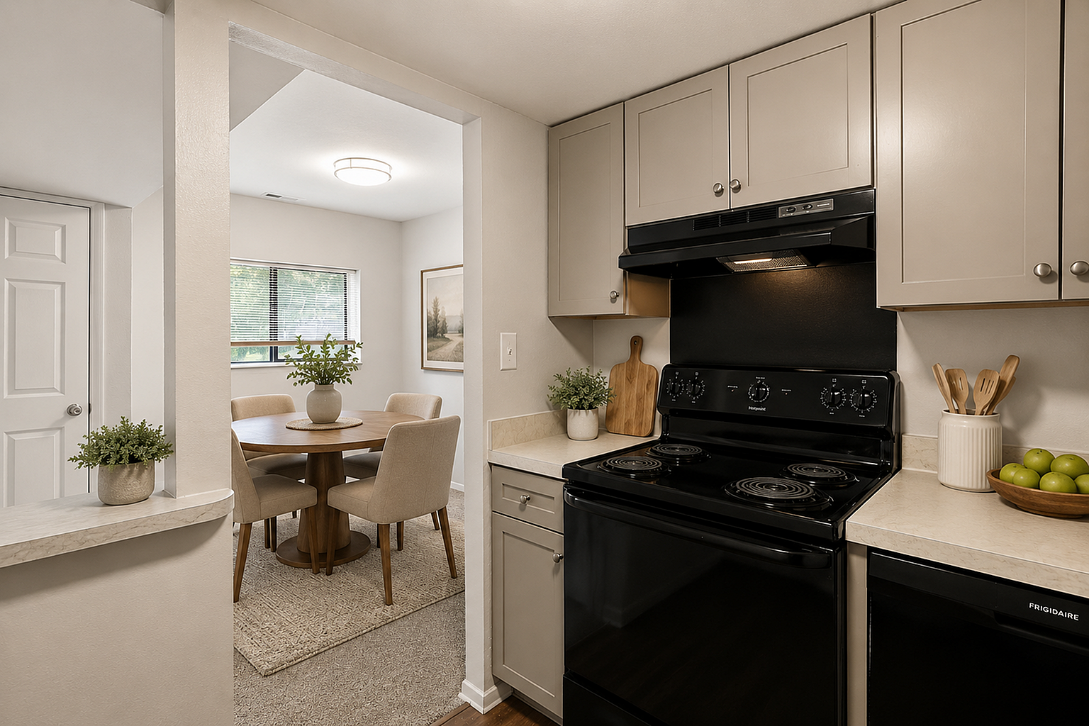Charming kitchen and dining area with modern appliances, elegant cabinetry, and a cozy round dining table set by a bright window view.