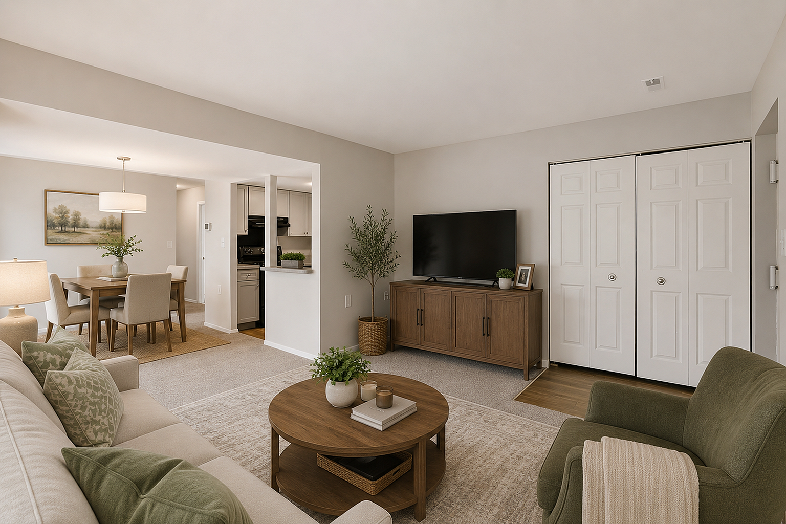 Bright and inviting living area featuring a cozy sofa, elegant dining space, and a modern entertainment center with a flat-screen TV.