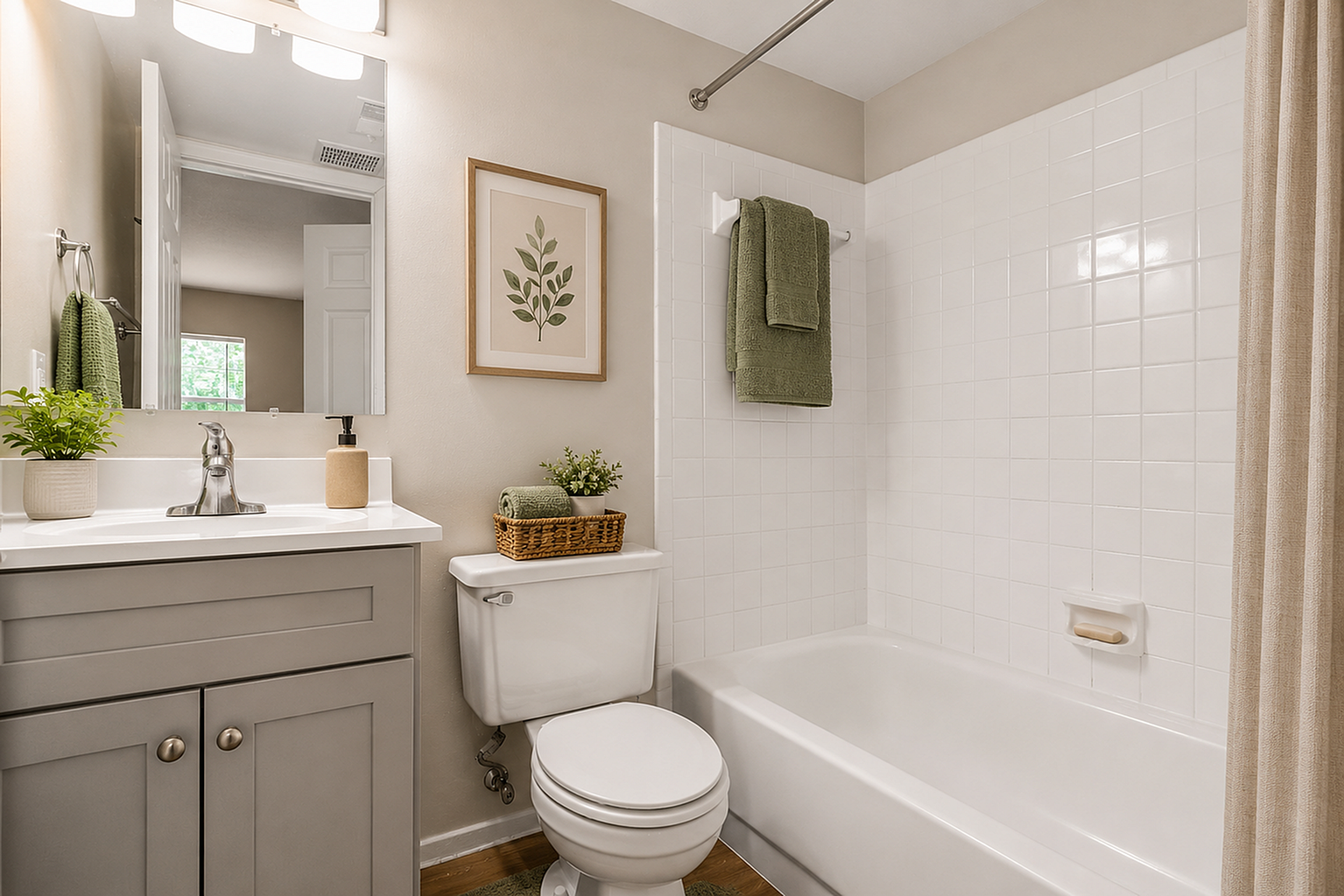 Elegant bathroom with modern vanity, inviting tub, and tasteful greenery, exuding a fresh and cozy atmosphere.