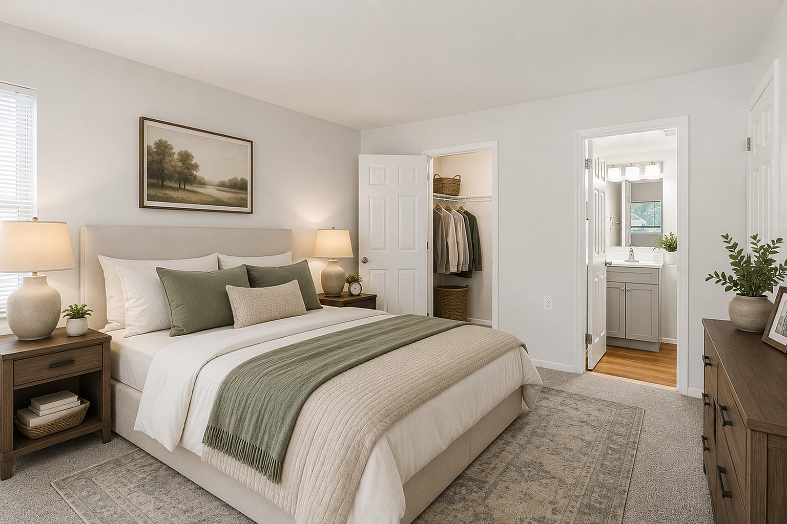 Inviting bedroom with plush bedding, elegant decor, and walk-in closet, offering a serene retreat.