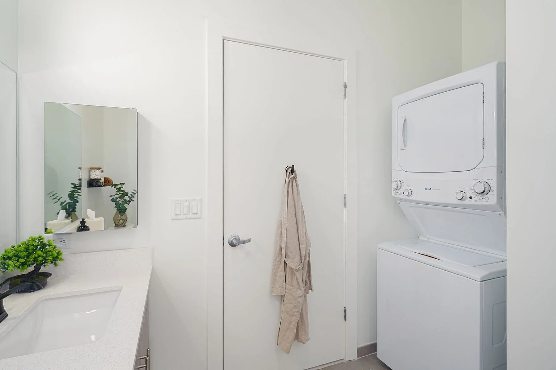 Modern bathroom with sleek countertop featuring a vanity mirror and decorative plants beside an integrated washer-dryer unit.