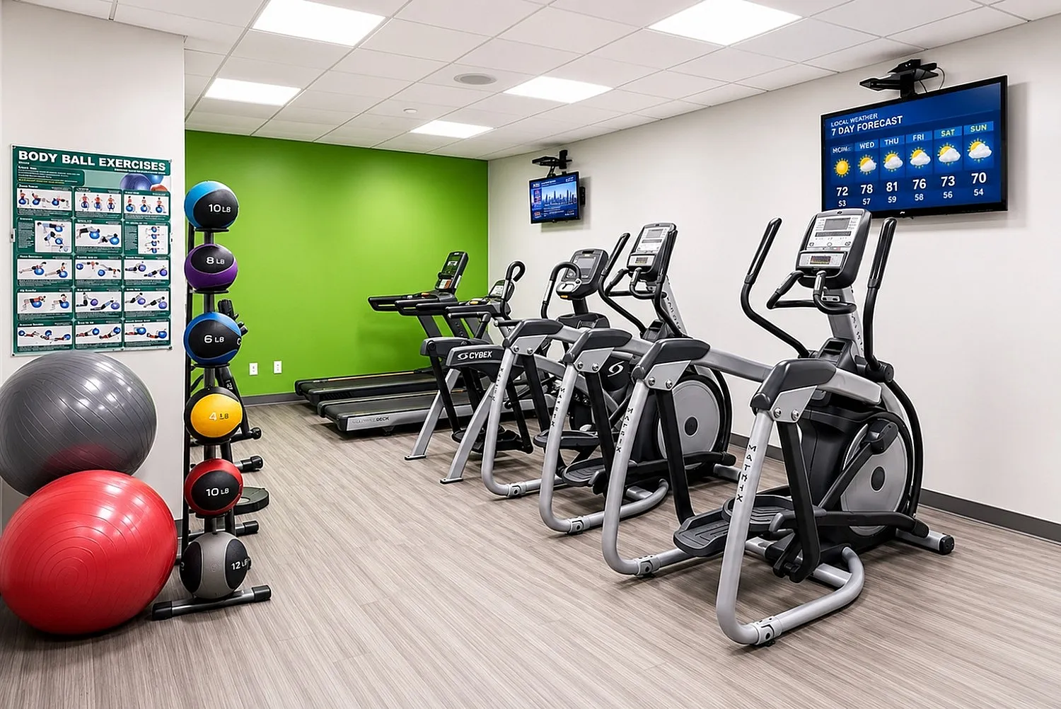 Modern fitness center with state-of-the-art cardio machines, vibrant exercise balls, and a bright green accent wall.