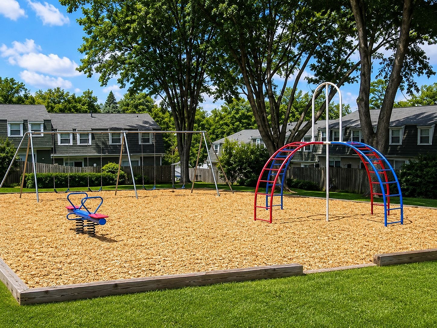 Charming residential playground with swings and climbing structures, set in a lush neighborhood backdrop.