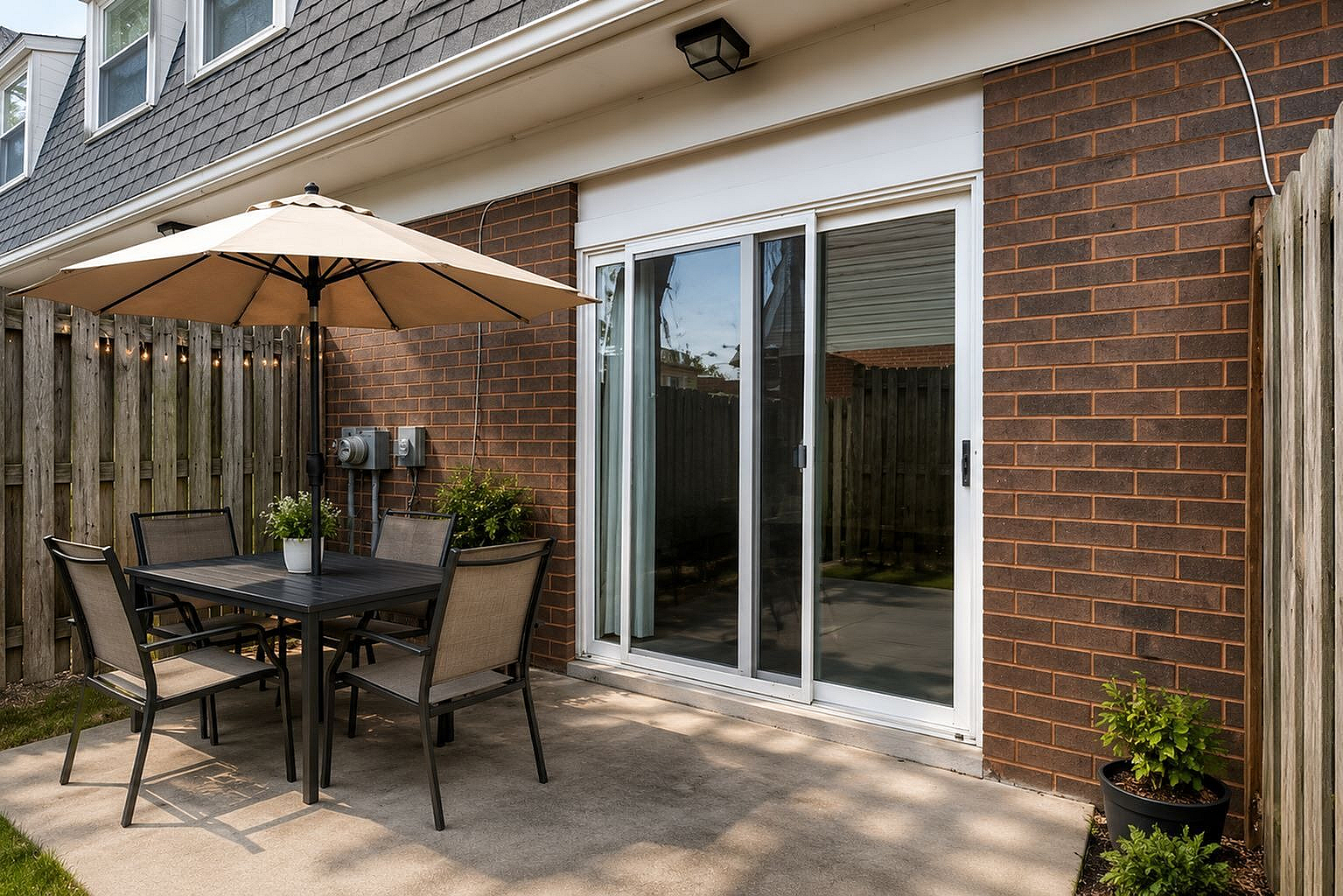 Charming outdoor patio with elegant dining set, large umbrella, and sliding glass doors, perfect for alfresco dining and relaxation.