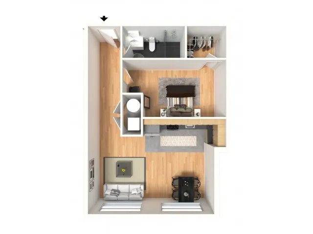 1 bedroom, 1 bathroom apartment with walk in closet and open kitchen to living/ dining space.