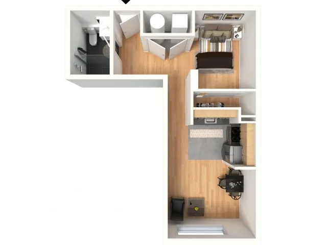0 bed, 1 bathroom floor plan with kitchen open to living space.