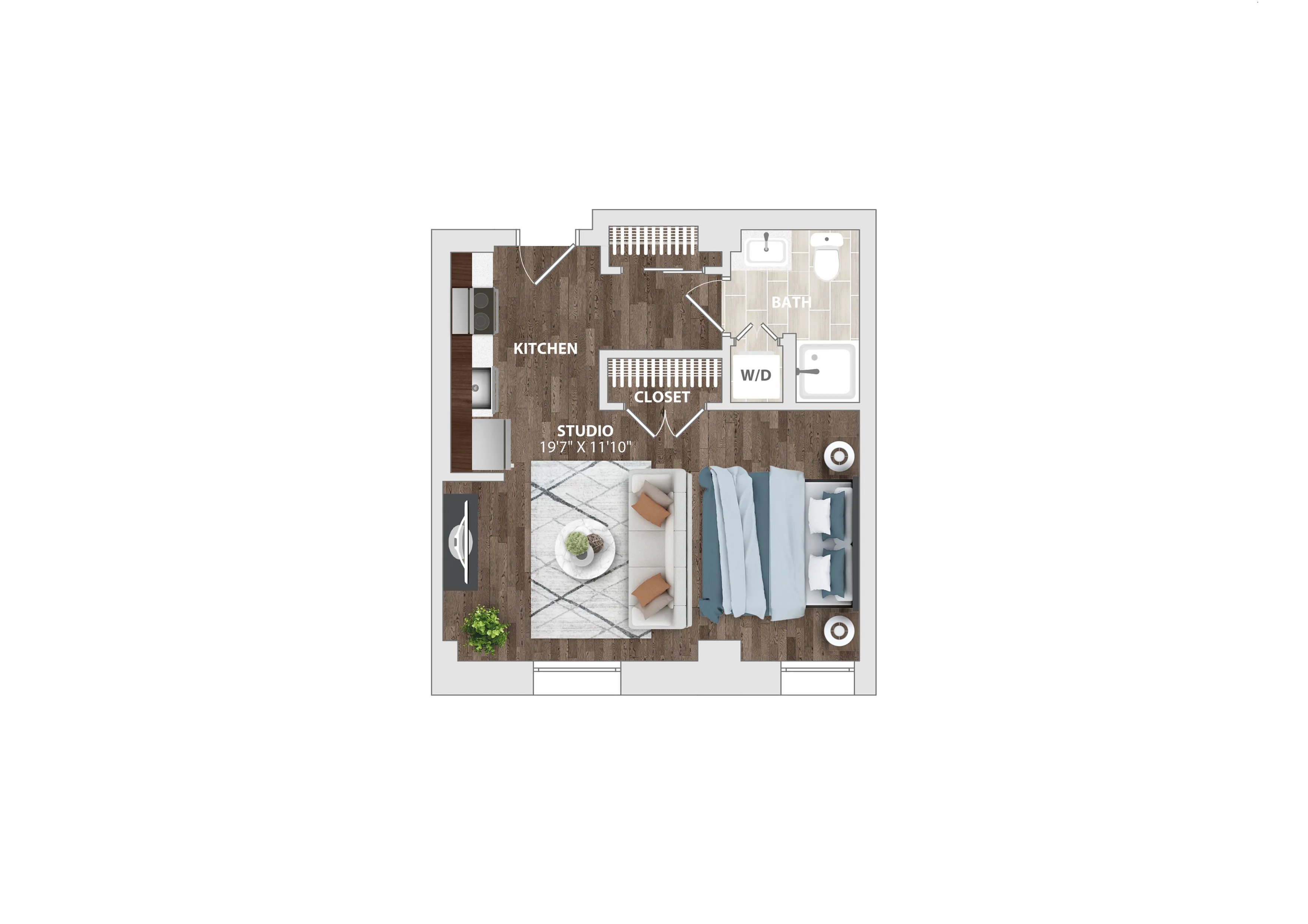 Modern studio apartment floor plan with open kitchen, spacious living area, and bathroom, including a closet and washer-dryer setup.