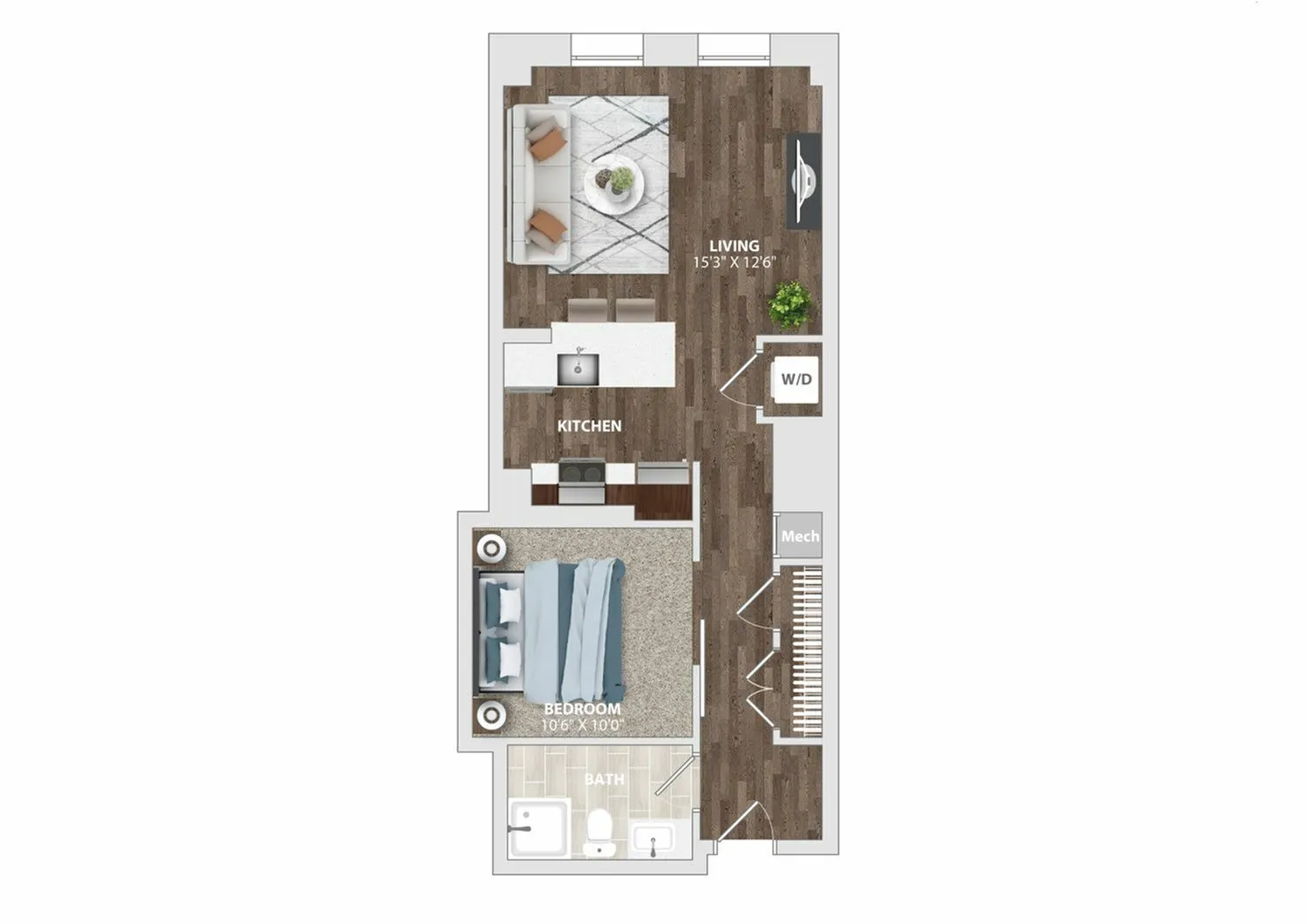 Contemporary one-bedroom apartment floor plan featuring a spacious living area, kitchen, bedroom, and bath.