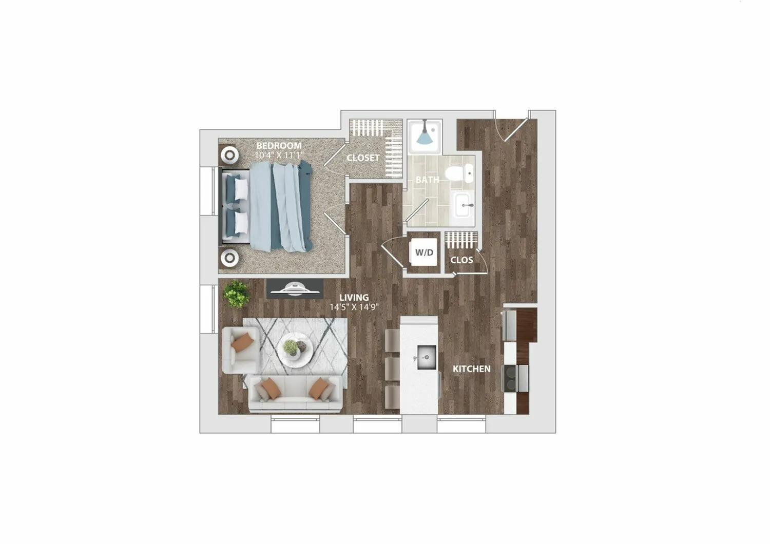 Contemporary one-bedroom apartment floor plan with spacious living room, kitchen, bathroom, and closet.