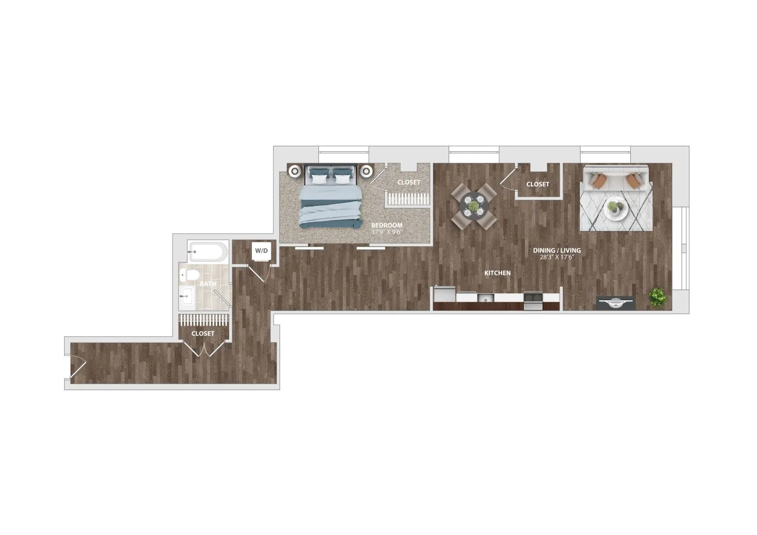 Modern one-bedroom apartment floor plan featuring a dining area, living room, and kitchen with wooden flooring.