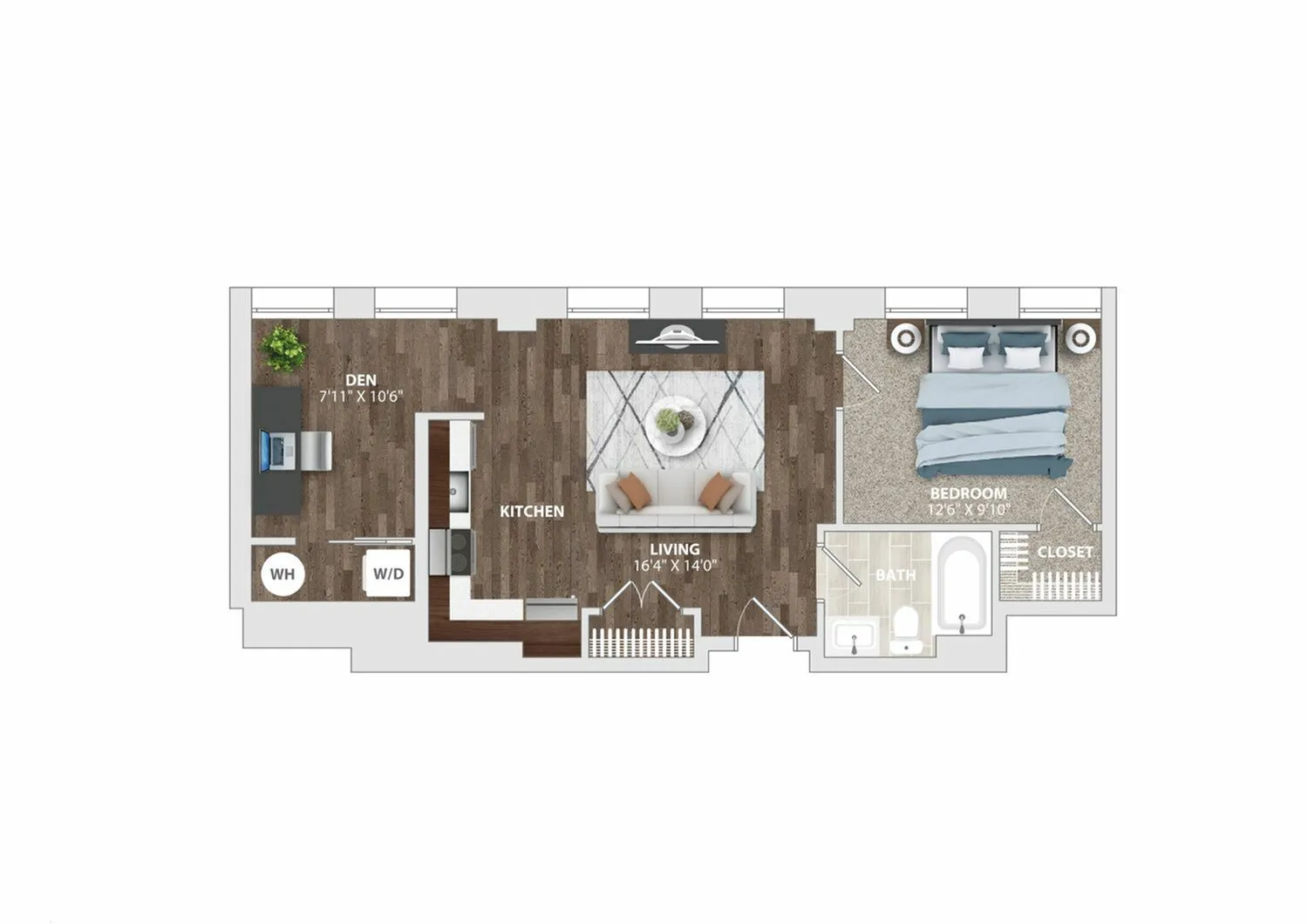 Floor plan of a modern apartment featuring a bedroom, spacious living area, cozy den, and a well-equipped kitchen.