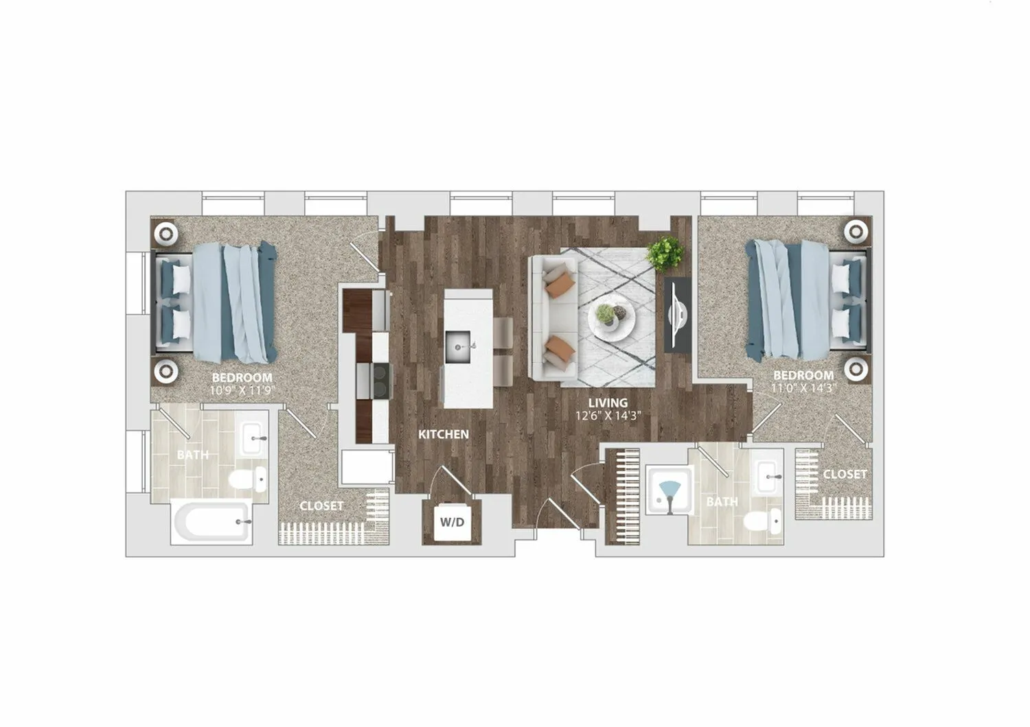 Modern floor plan featuring two spacious bedrooms, stylish kitchen, and inviting living area.