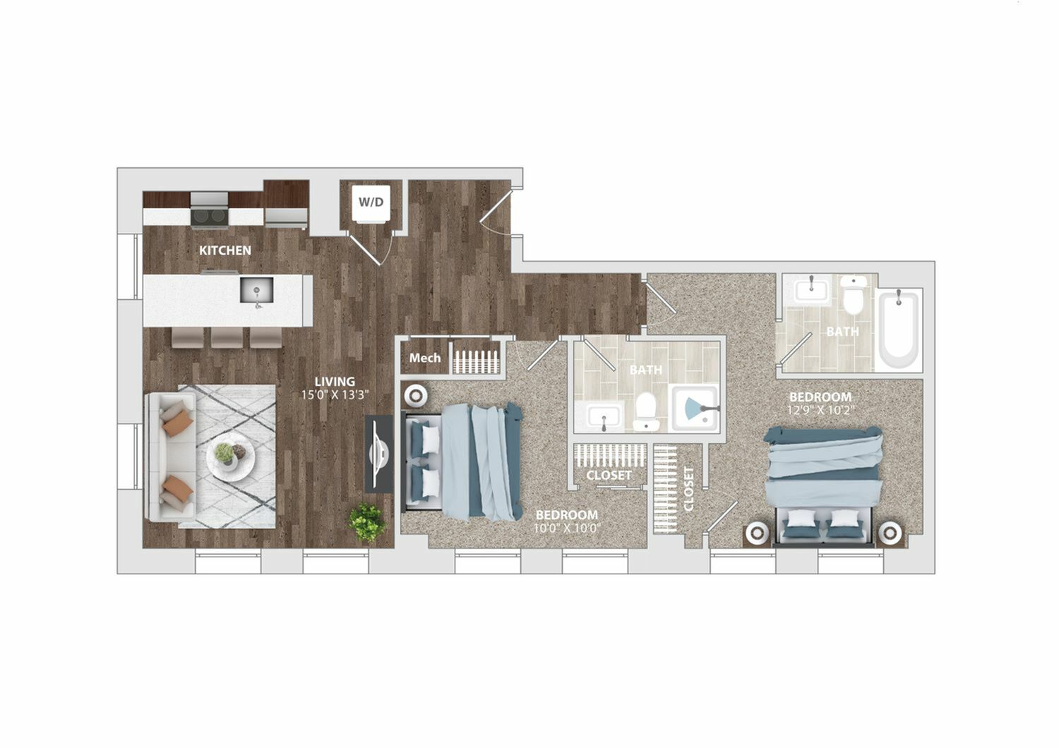 Modern floor plan of a 2-bedroom apartment with spacious living area and kitchen.