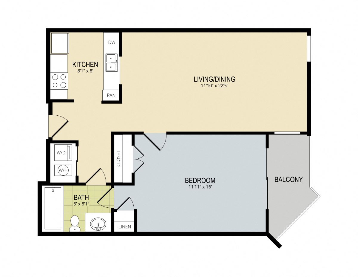 Floor plan showcasing a stylish layout with one bedroom, a spacious living/dining area, modern kitchen, and a balcony.