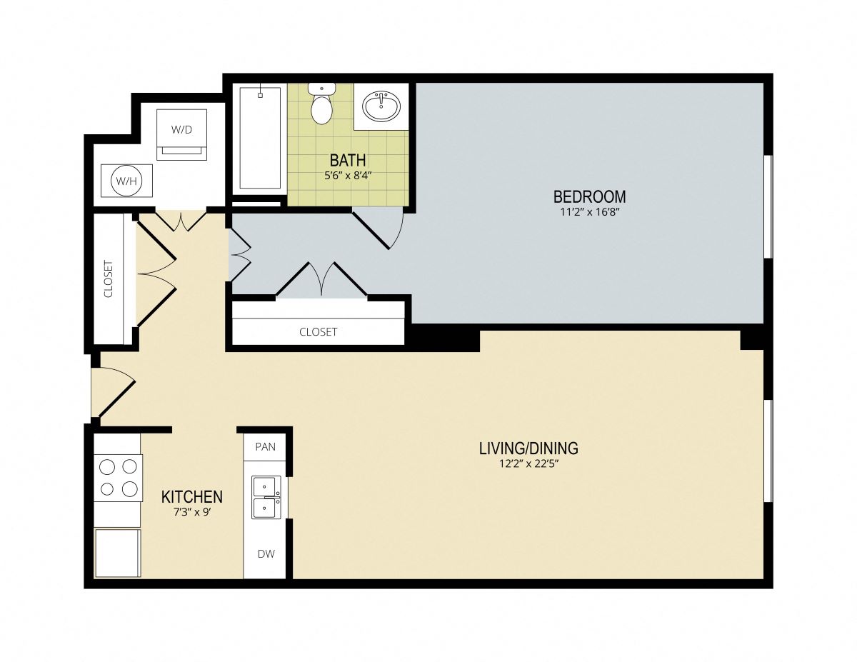 Efficient floor plan featuring one bedroom, a well-equipped kitchen, spacious living/dining area, and a modern bathroom.