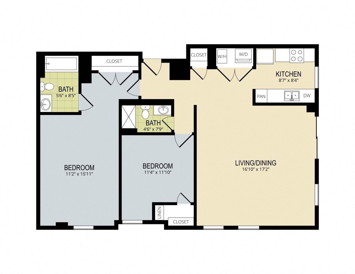 Contemporary floor plan showcasing 2 bedrooms, 2 bathrooms, and an open living/dining area with a modern kitchen.