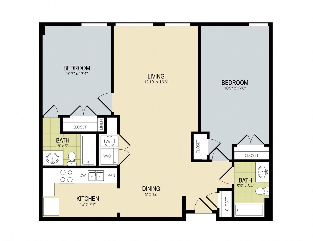 Chic floor plan with two bedrooms, a modern kitchen, and spacious living and dining areas.
