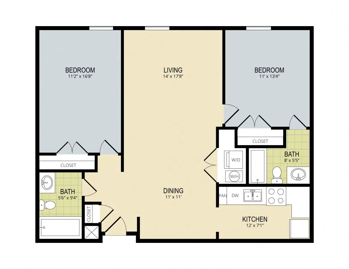 2D floor plan displaying two bedrooms, open living area, kitchen, and two baths.