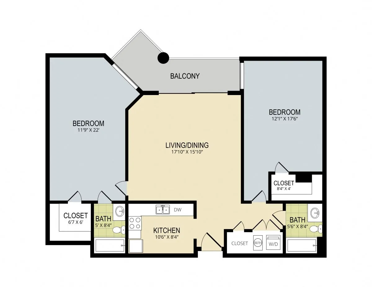 Elegant 2D floor plan with 2 bedrooms, expansive living/dining area, modern kitchen, and a balcony.