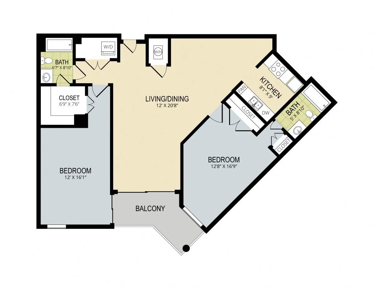 Modern floor plan featuring 2 bedrooms, expansive living/dining area, kitchen, and balcony.