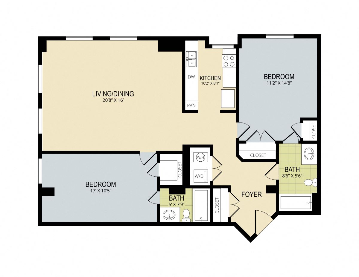 Chic floor plan showcasing 2 bedrooms, spacious living/dining area, and modern kitchen.