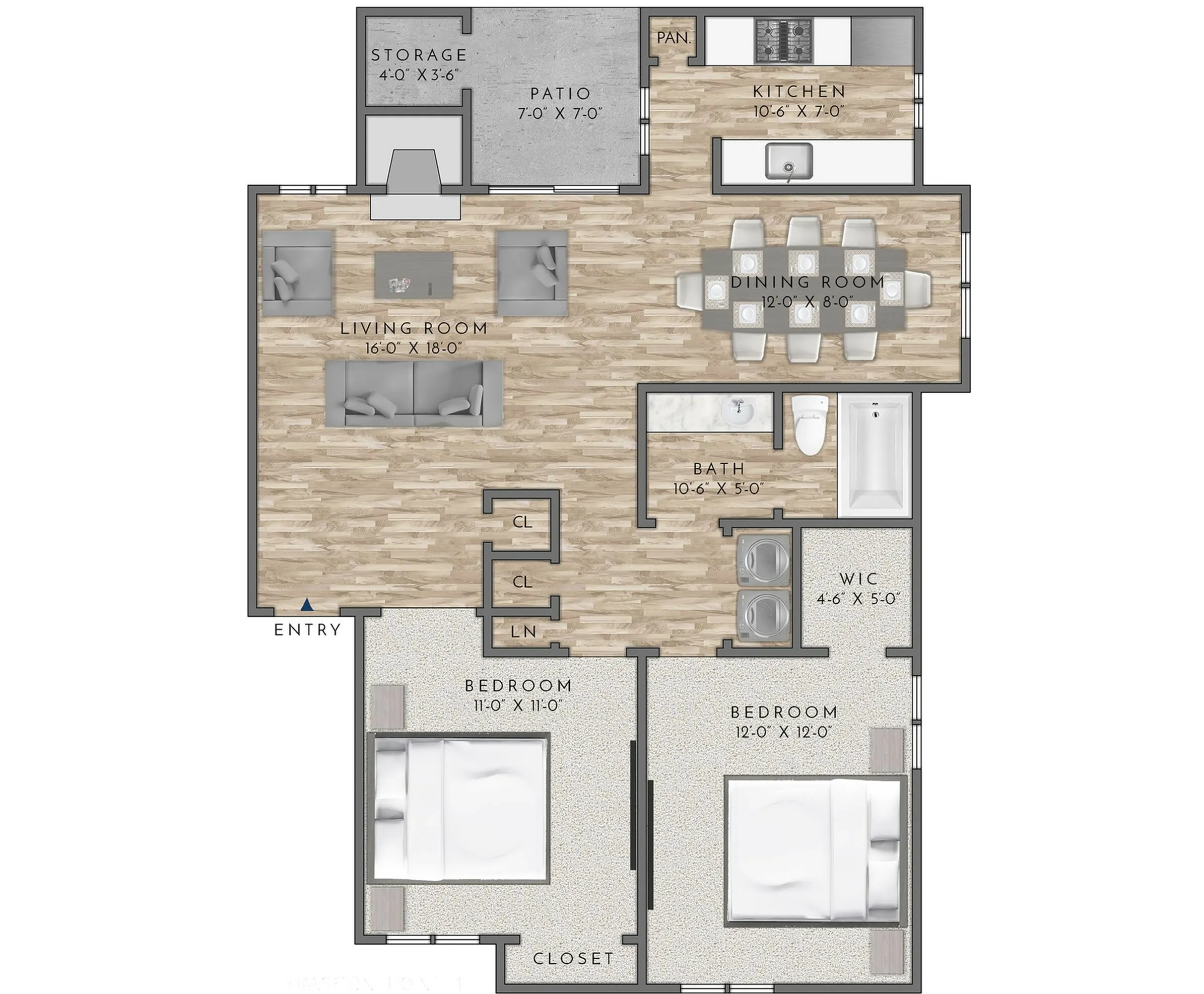 Modern floor plan showcasing two spacious bedrooms, an inviting living room, elegant dining area, and a cozy kitchen. Features include a private patio, ample storage, and a luxurious bath.