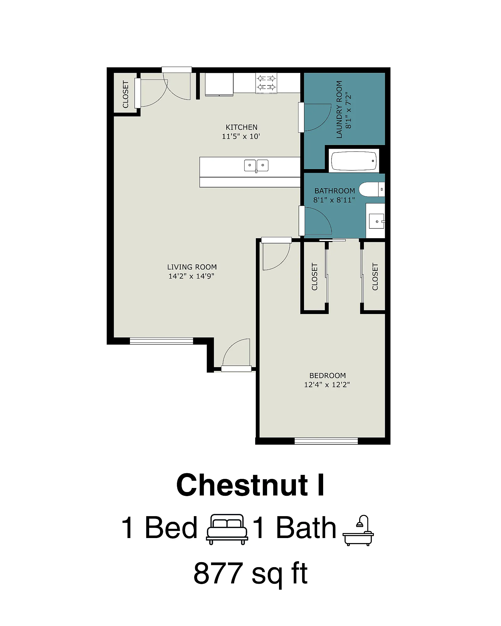 Chestnut I floor plan showcasing a spacious 1-bedroom, 1-bathroom layout with open-concept living room and kitchen, 877 sq ft.