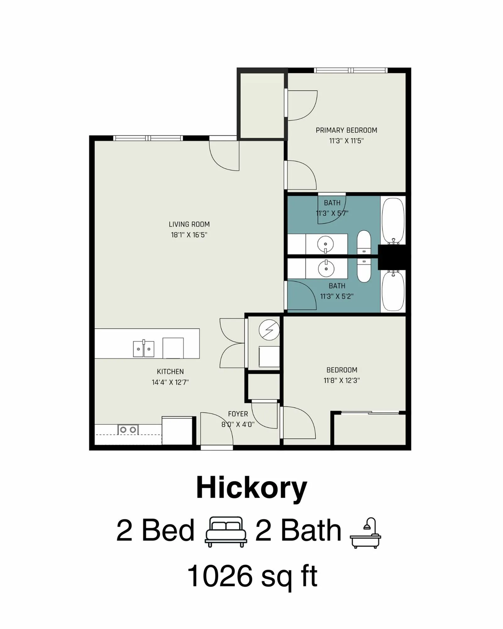 Hickory floor plan with 2 bedrooms, 2 bathrooms, an expansive living room, and modern kitchen, covering 1026 sq ft.