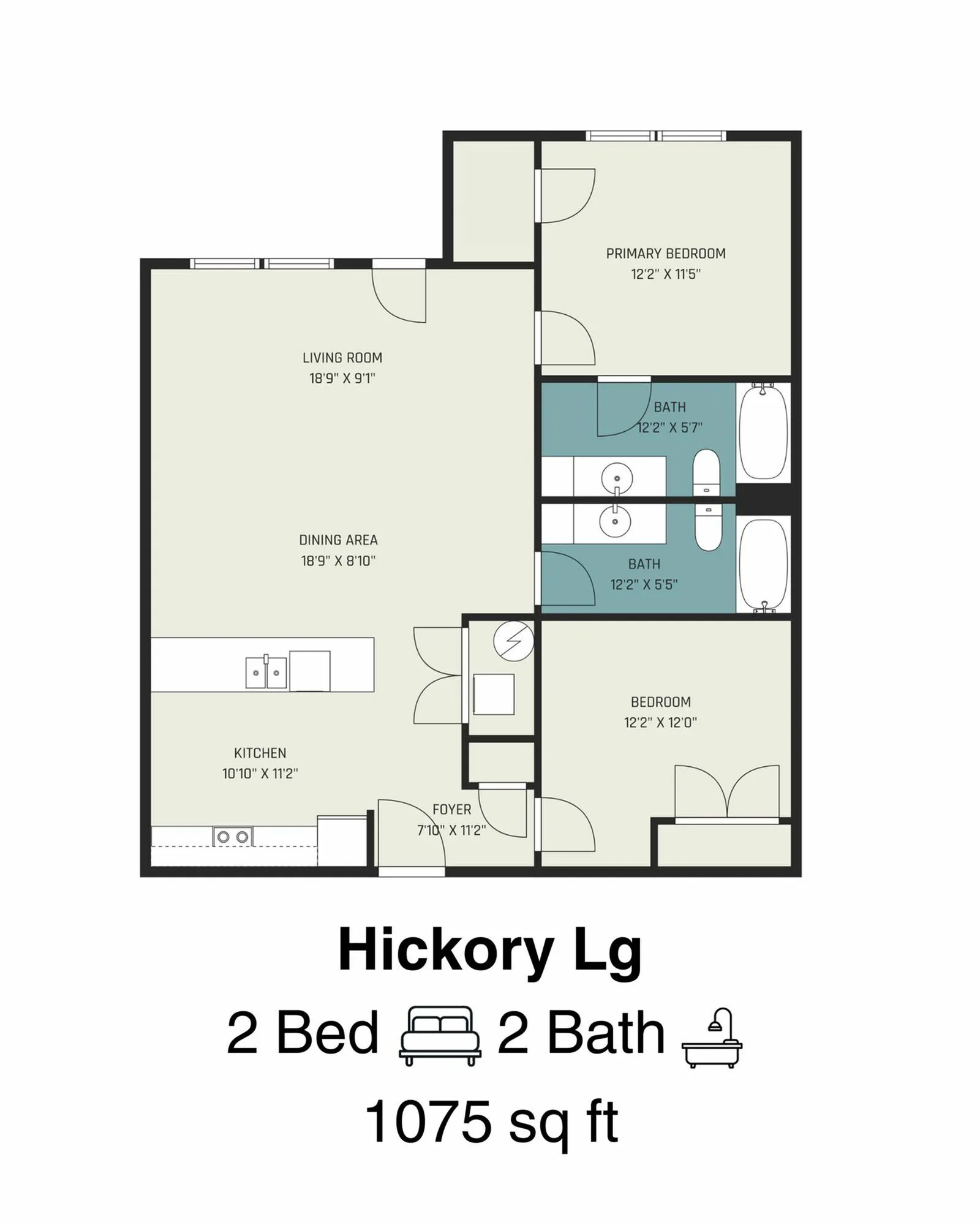 Hickory Lg floor plan showcasing a spacious 2 bedroom, 2 bath layout with an open living and dining area, plus a modern kitchen, 1075 sq ft.