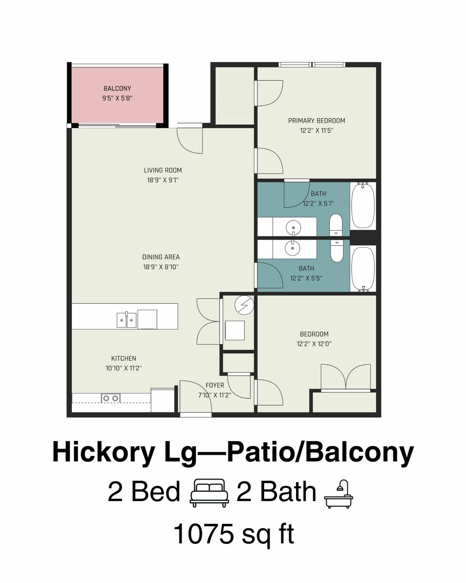 Modern Hickory Lg floor plan with 2 bedrooms, spacious living area, and kitchen, featuring a patio/balcony, 2 bathrooms, all within 1075 sq ft.