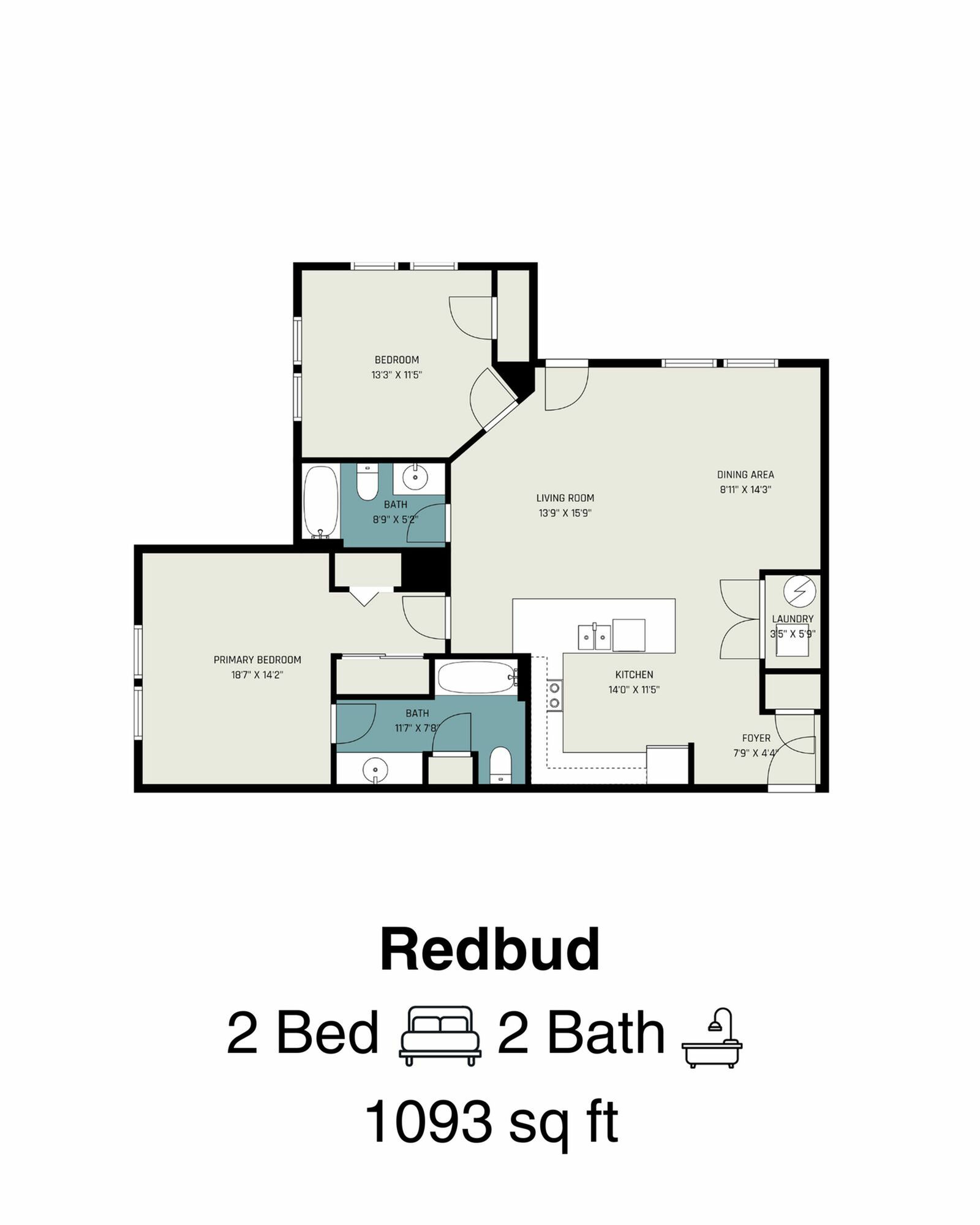 Redbud floor plan showcasing 2 bedrooms, 2 bathrooms, spacious living room, and modern kitchen in a 1093 sq ft layout.