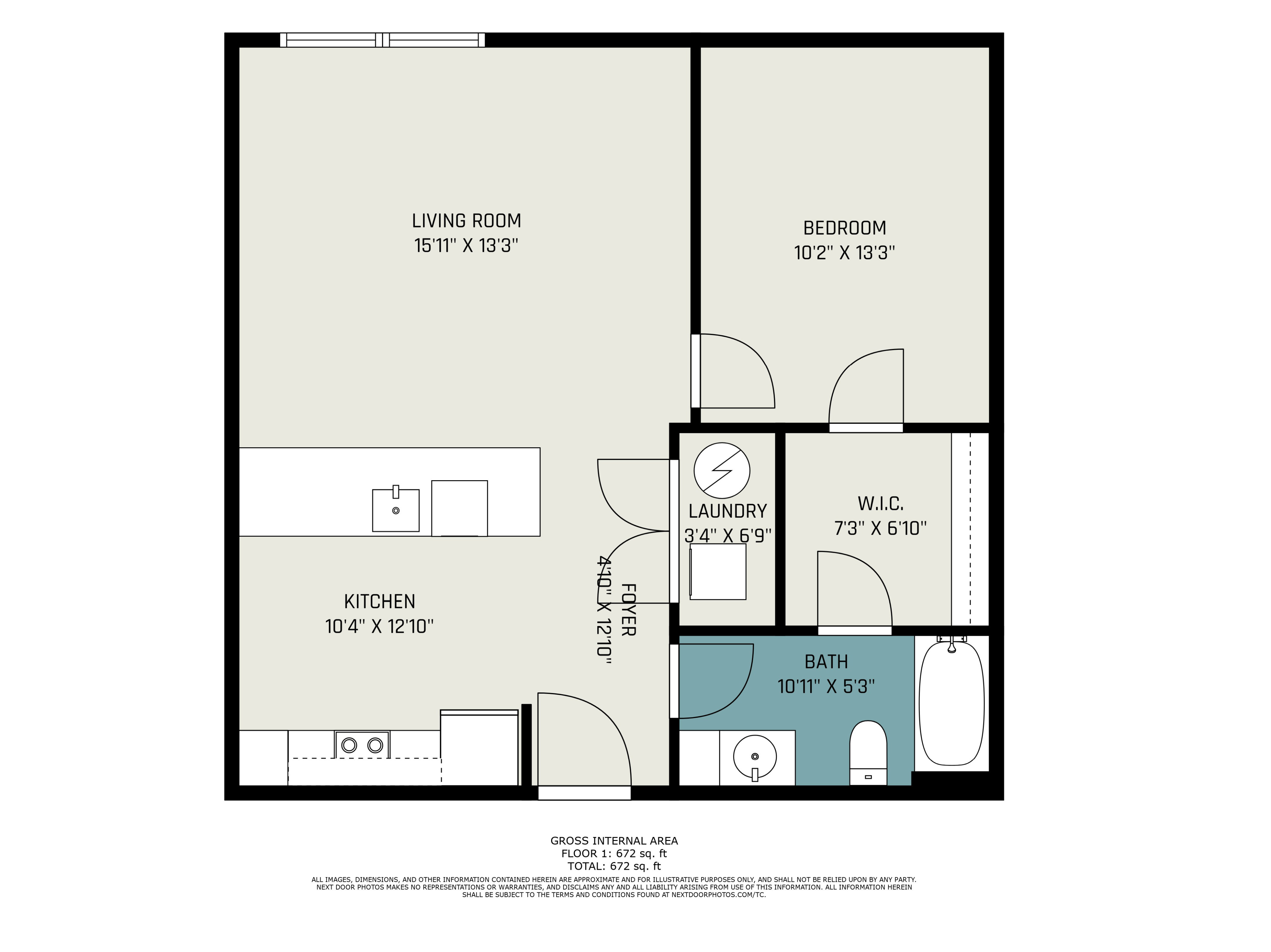 Modern floor plan with 1 bedroom, spacious living room, sleek kitchen, and convenient laundry area.