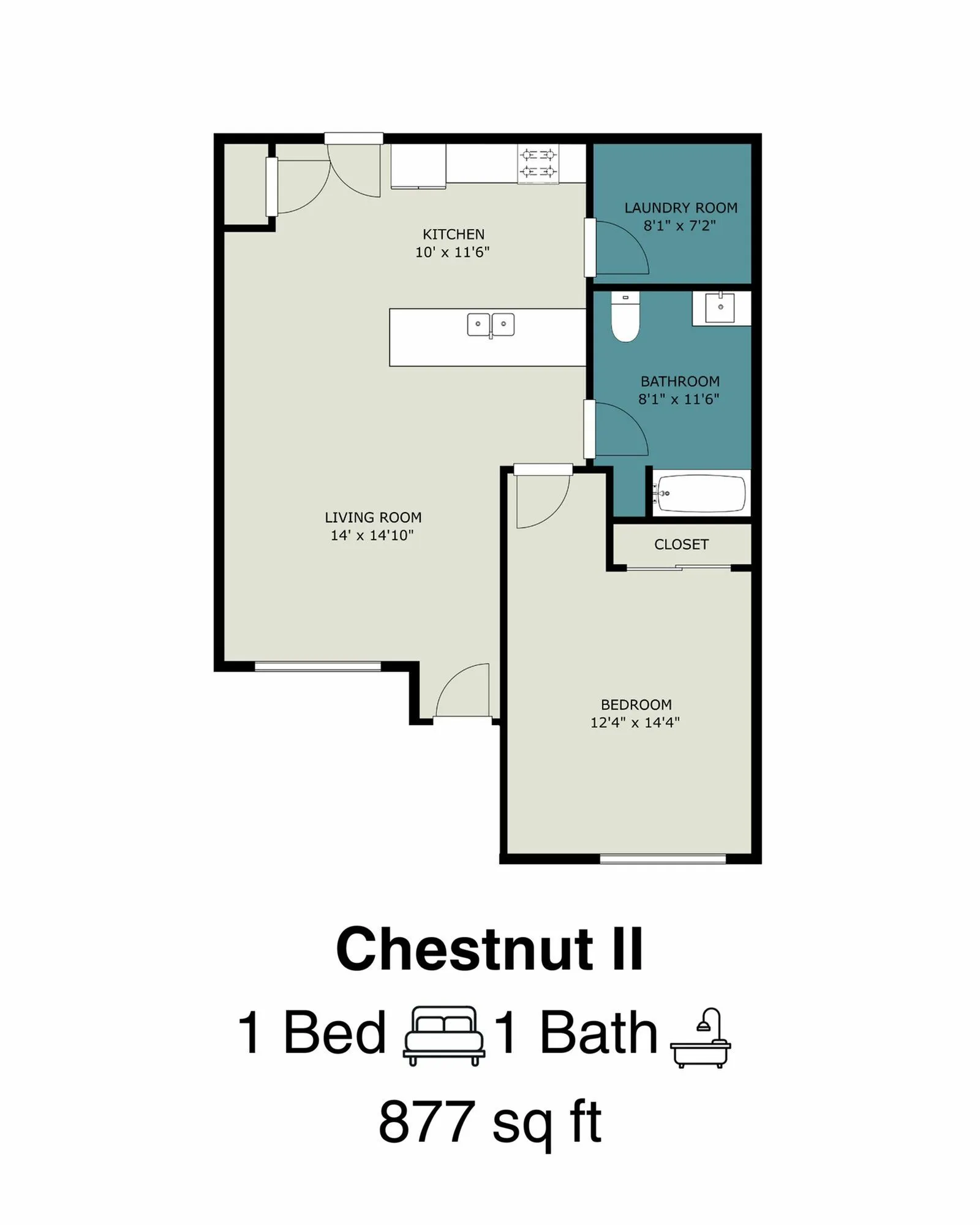 Chestnut II floor plan showcasing a cozy 1-bedroom, 1-bathroom layout with an open living room and kitchen area, including a convenient laundry room, covering 877 sq ft.