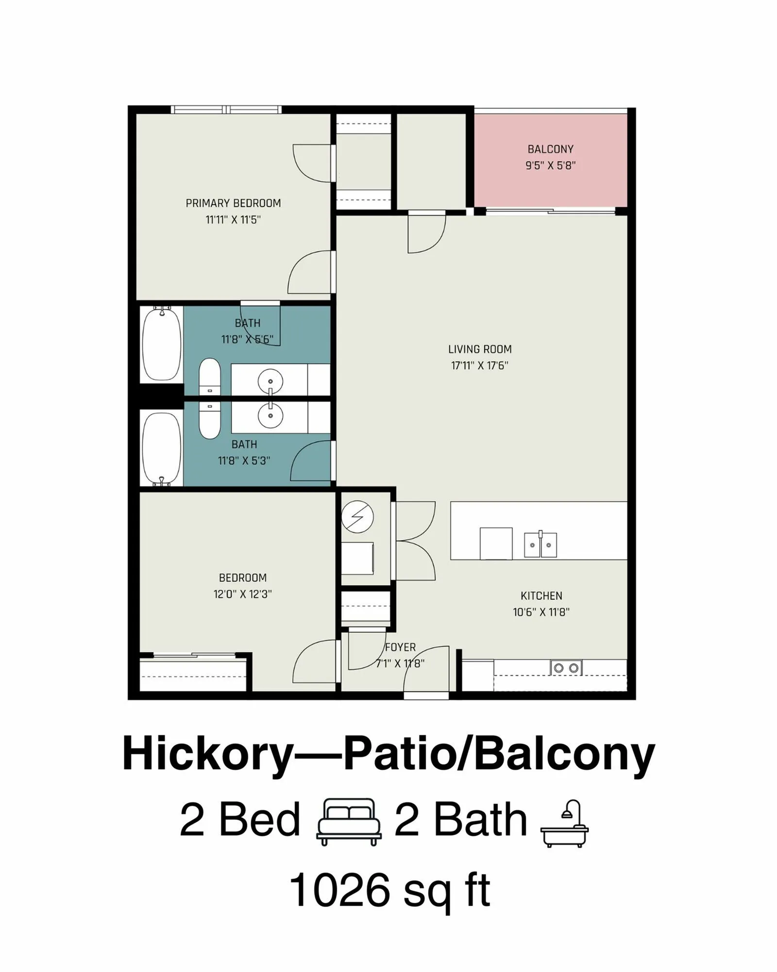 Charming Hickory floor plan with patio/balcony, featuring 2 bedrooms, 2 bathrooms, a spacious living room, and modern kitchen in 1026 sq ft.