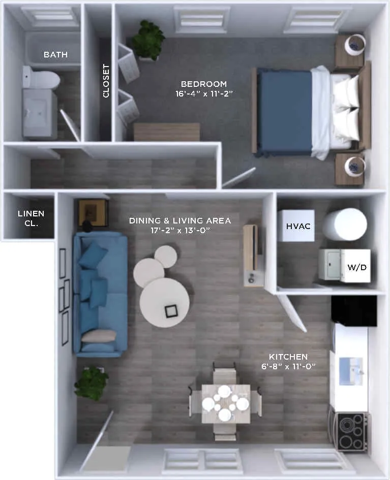 Chic floor plan showcasing a spacious bedroom, modern kitchen, and open living and dining area with stylish furniture.